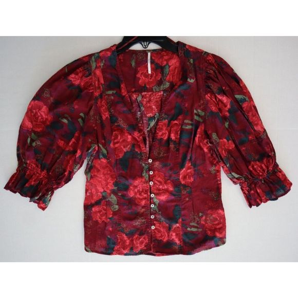 Free People OB1418154 Women's Sz Large Wine Floral Print I Found You Top - Picture 8 of 11